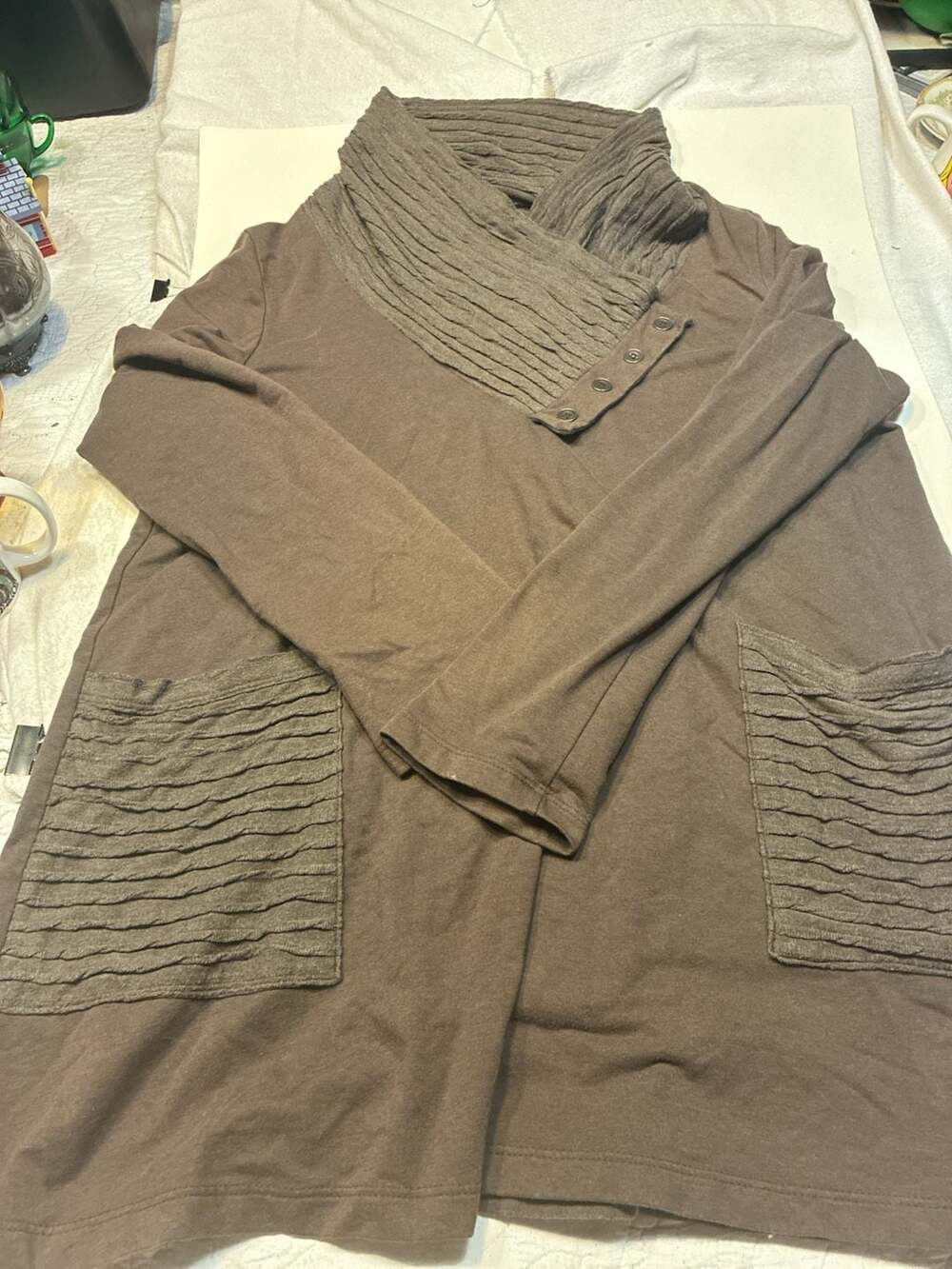 Chalet Cowl Neck Long Sleeve Tunic Top Brown Size Large Ripple Texture Pockets